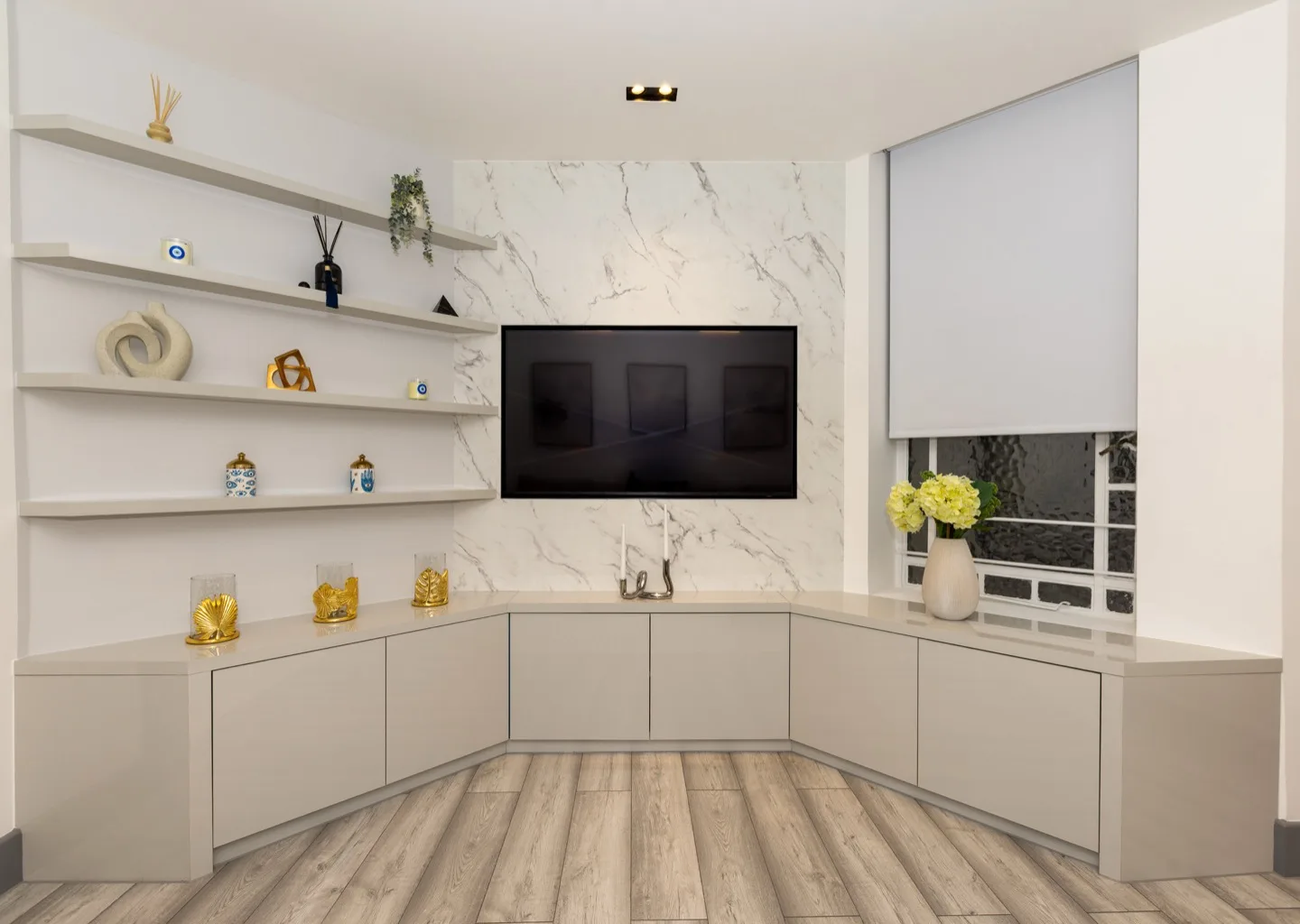 Tv media wall marble back panel floating shelves — Kensington