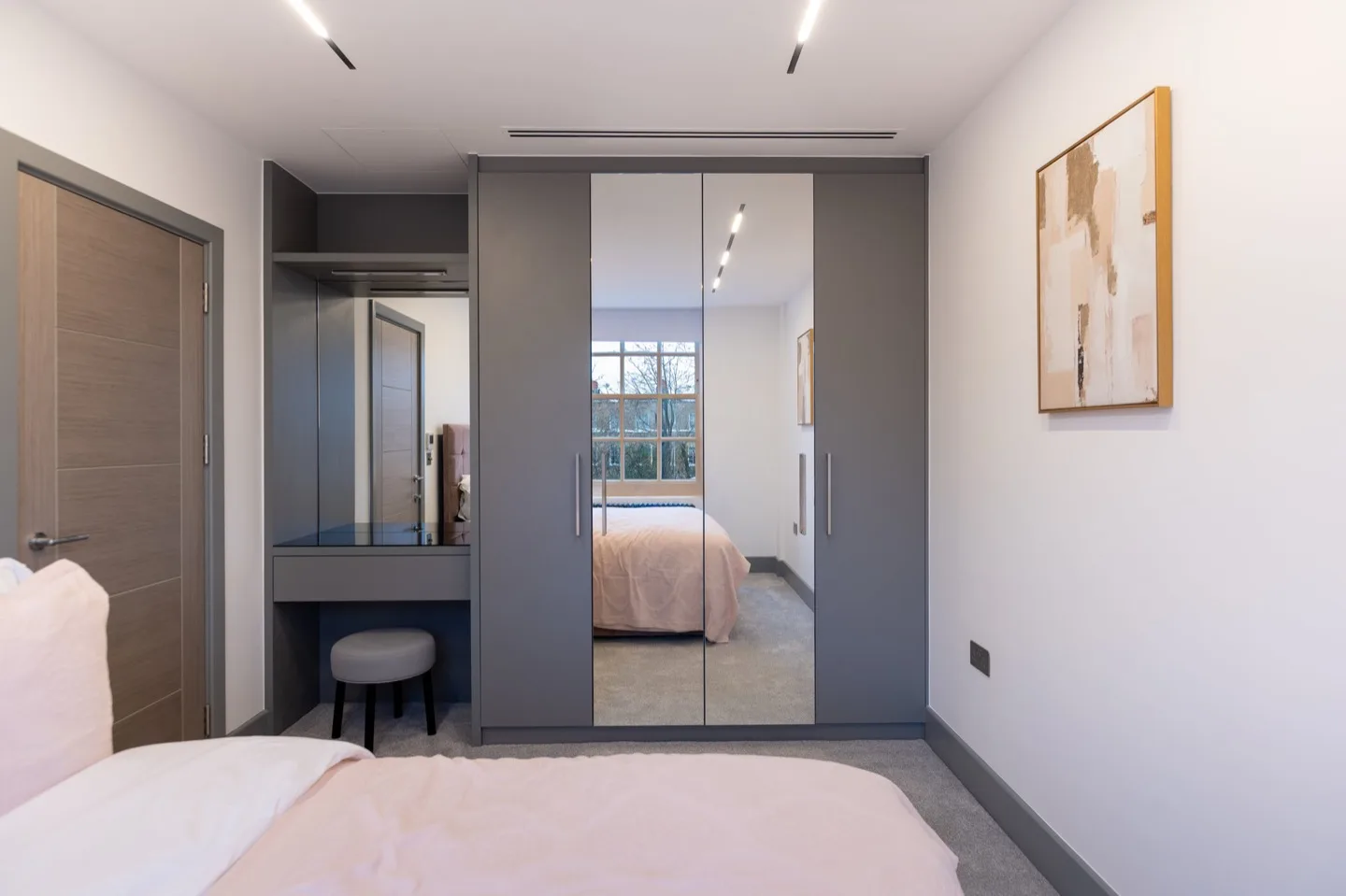 Bespoke wardrobe built desk mirrored doors vanity — Kensington