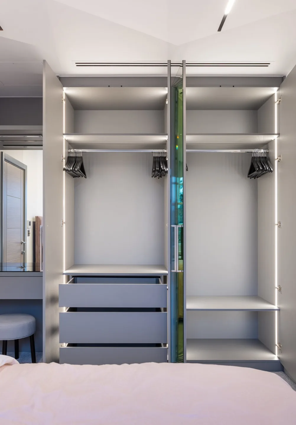 Bespoke wardrobe built desk open led interior rails — Kensington