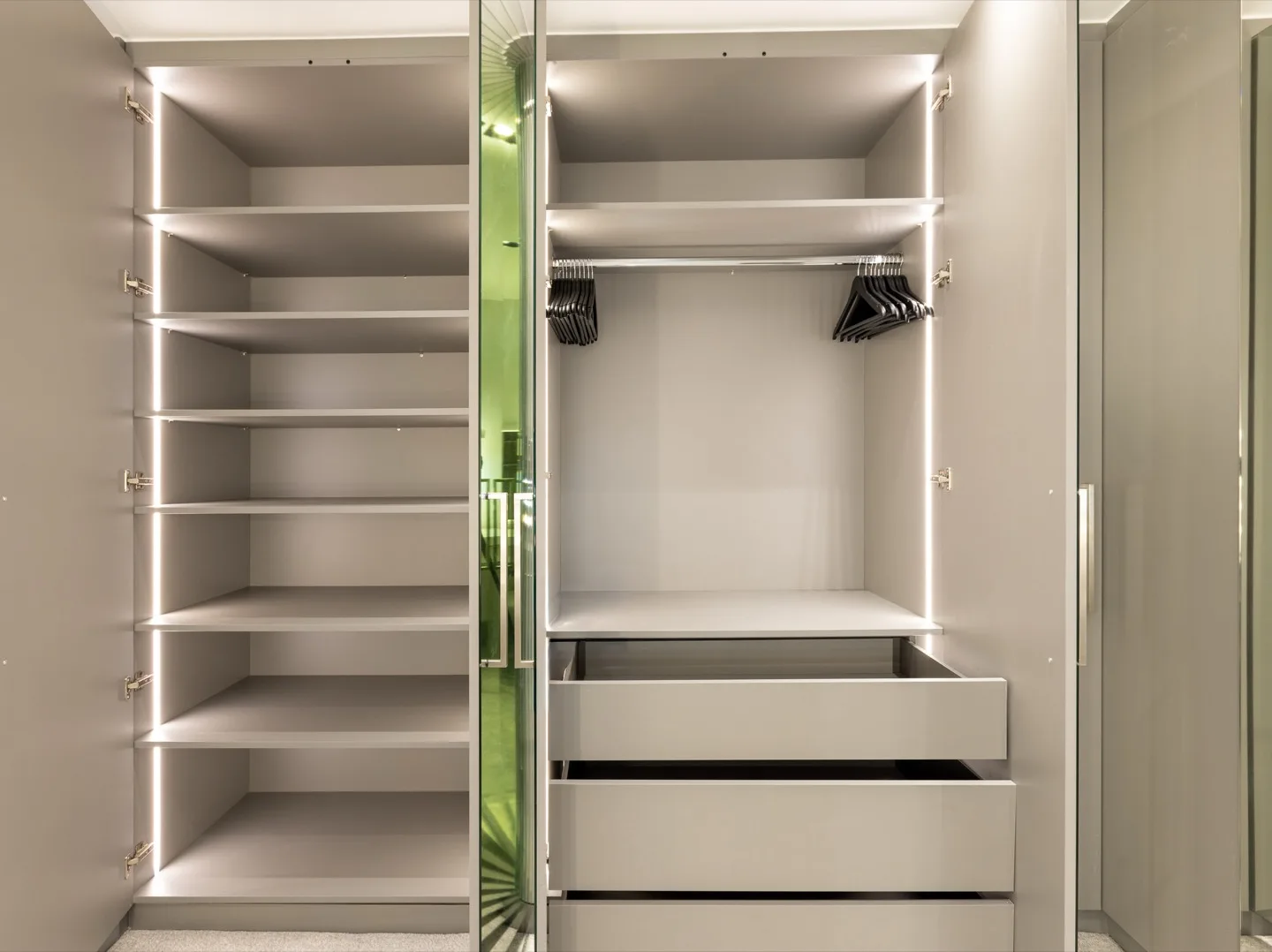 Walk wardrobe open led shelves drawers rails — Kensington