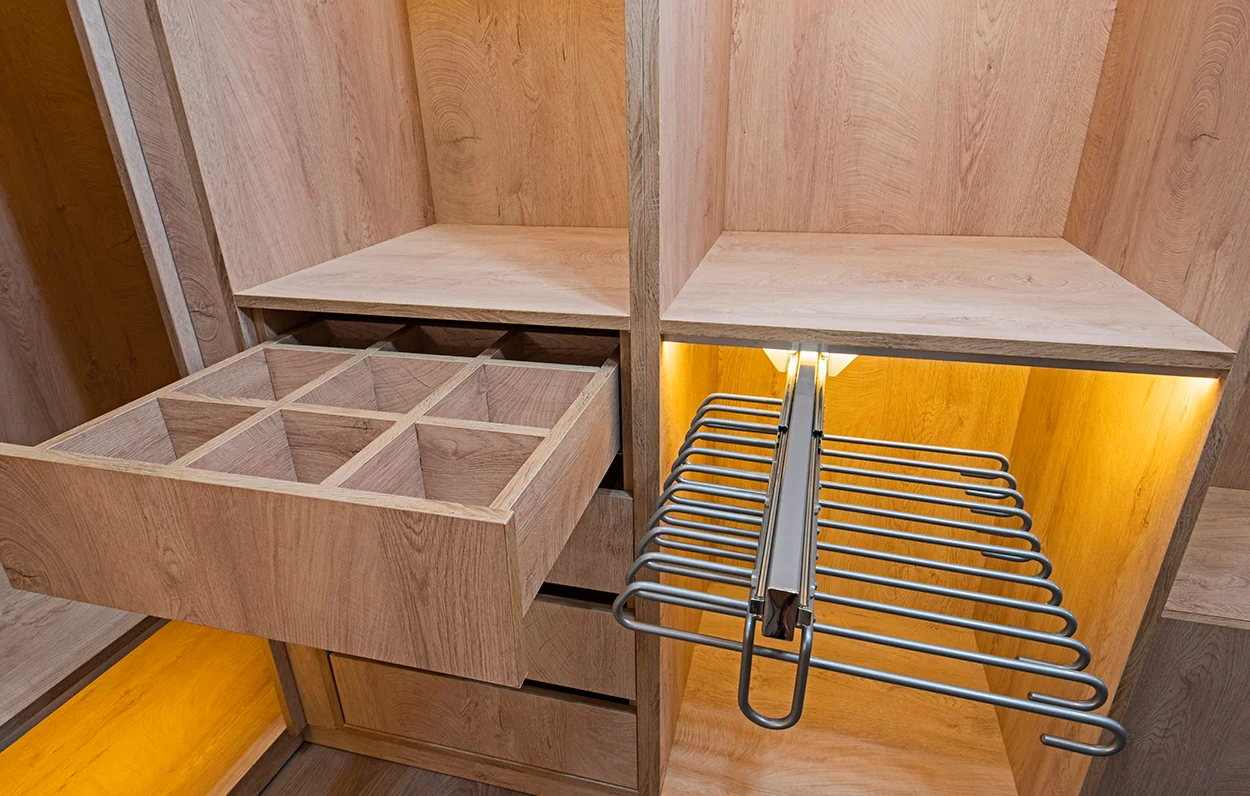 Bespoke wardrobe interior showing different closet shelf types
