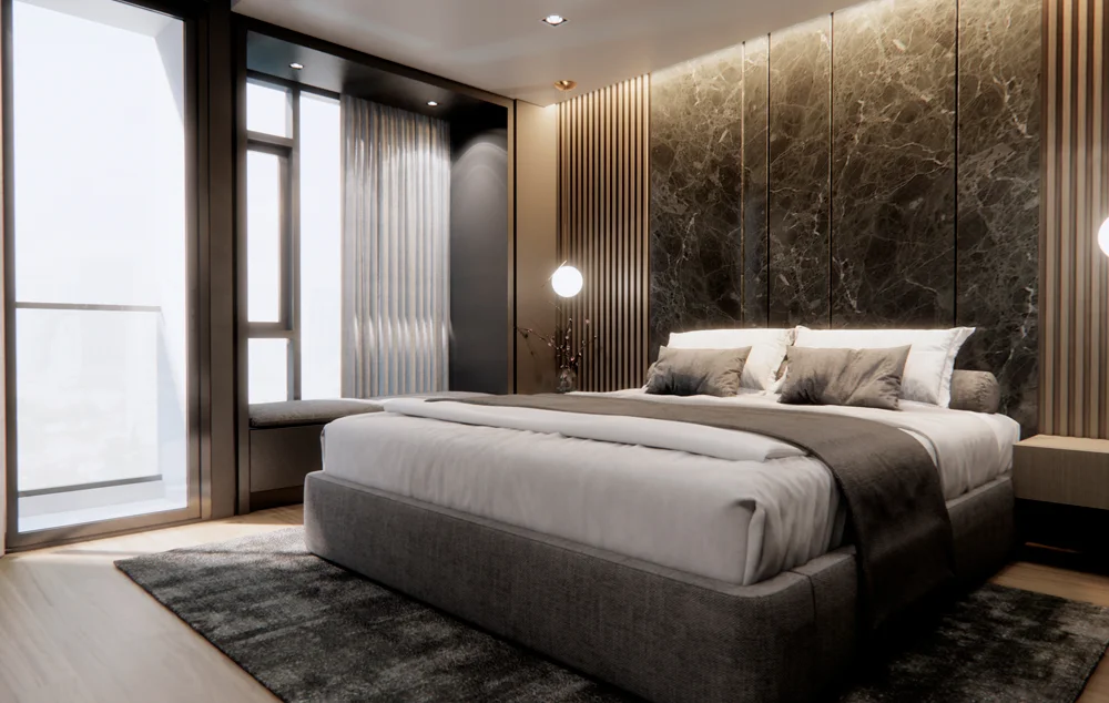 Bedroom with a marble wall feature and upholstered headboard