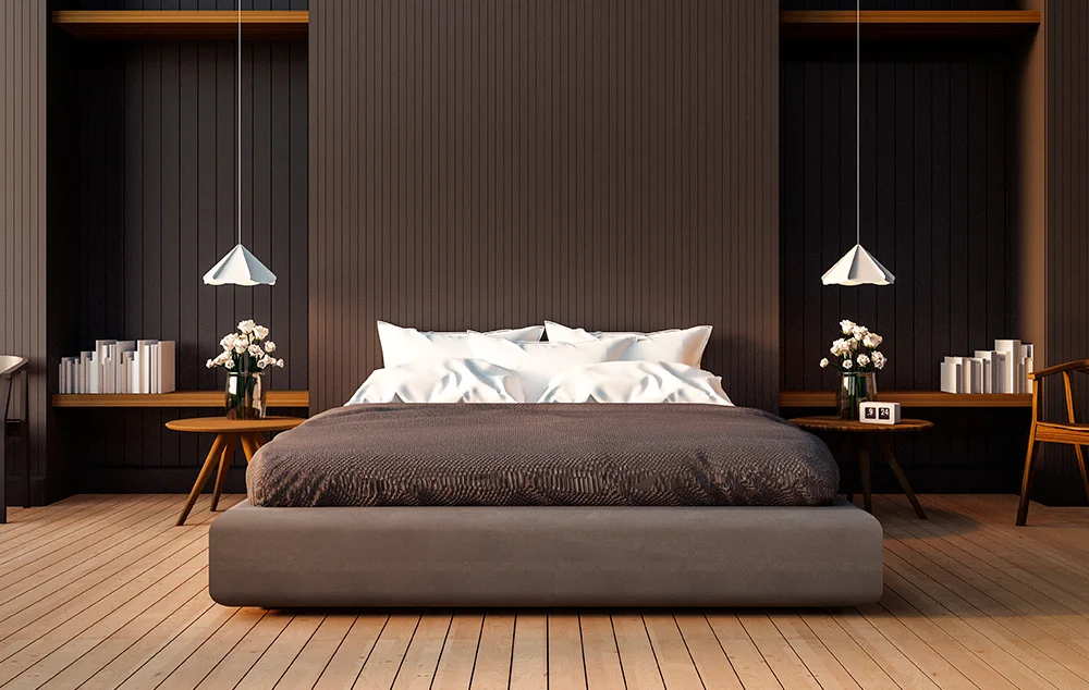 Brown bedroom with a panelled headboard feature wall