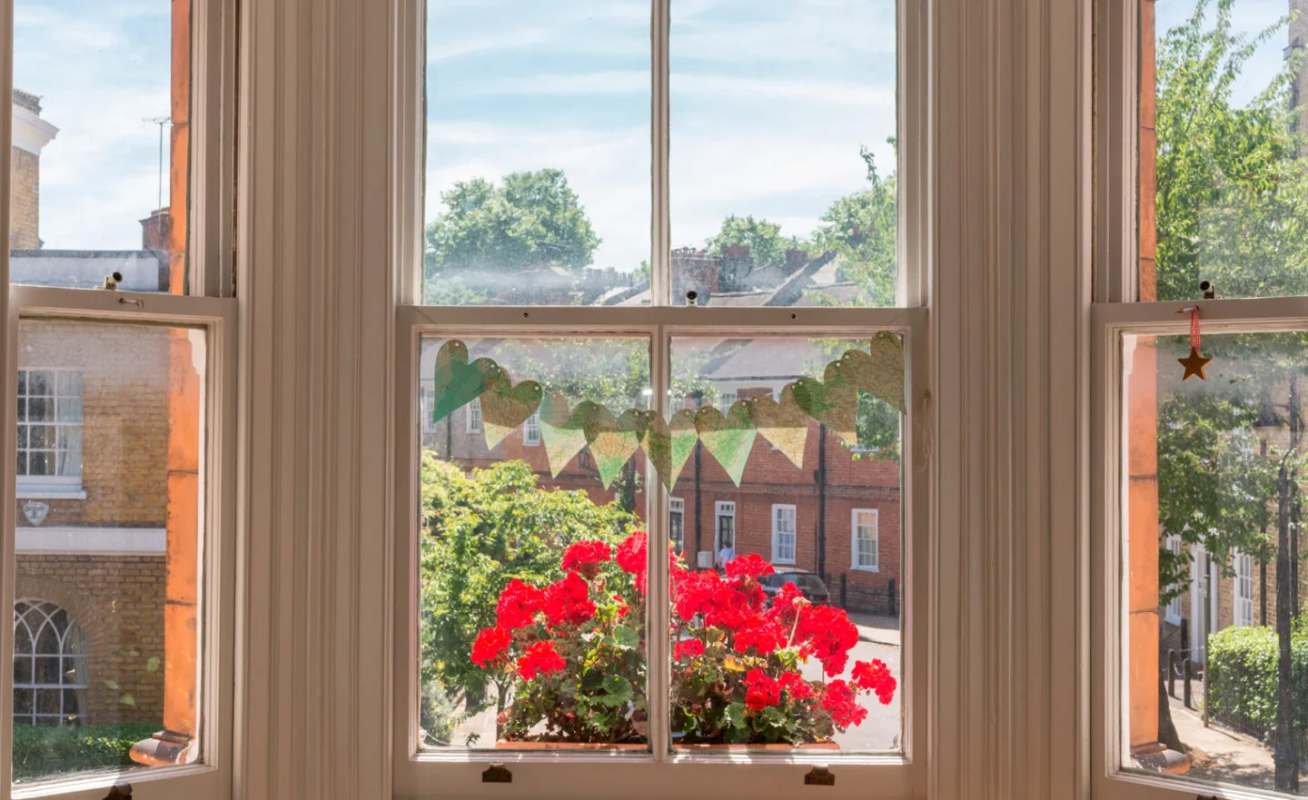 Looking out through a timber sash window onto a floral garden view